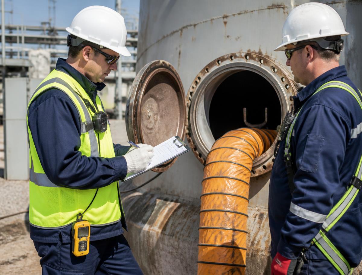 Competent person reviewing a confined space entry permit beside a ventilated industrial tank opening