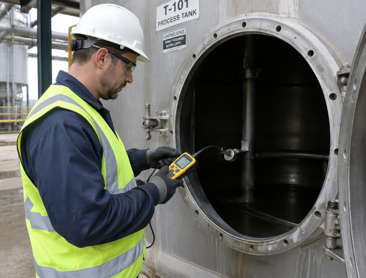 General industry worker testing the atmosphere at the entrance of a permit-required process tank