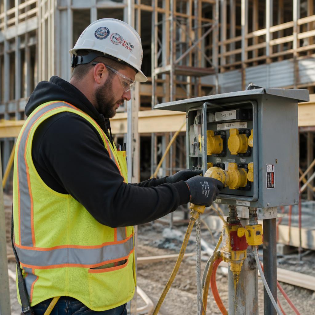 Construction electrician in hard hat and high-visibility vest inspecting a temporary electrical panel on a construction site