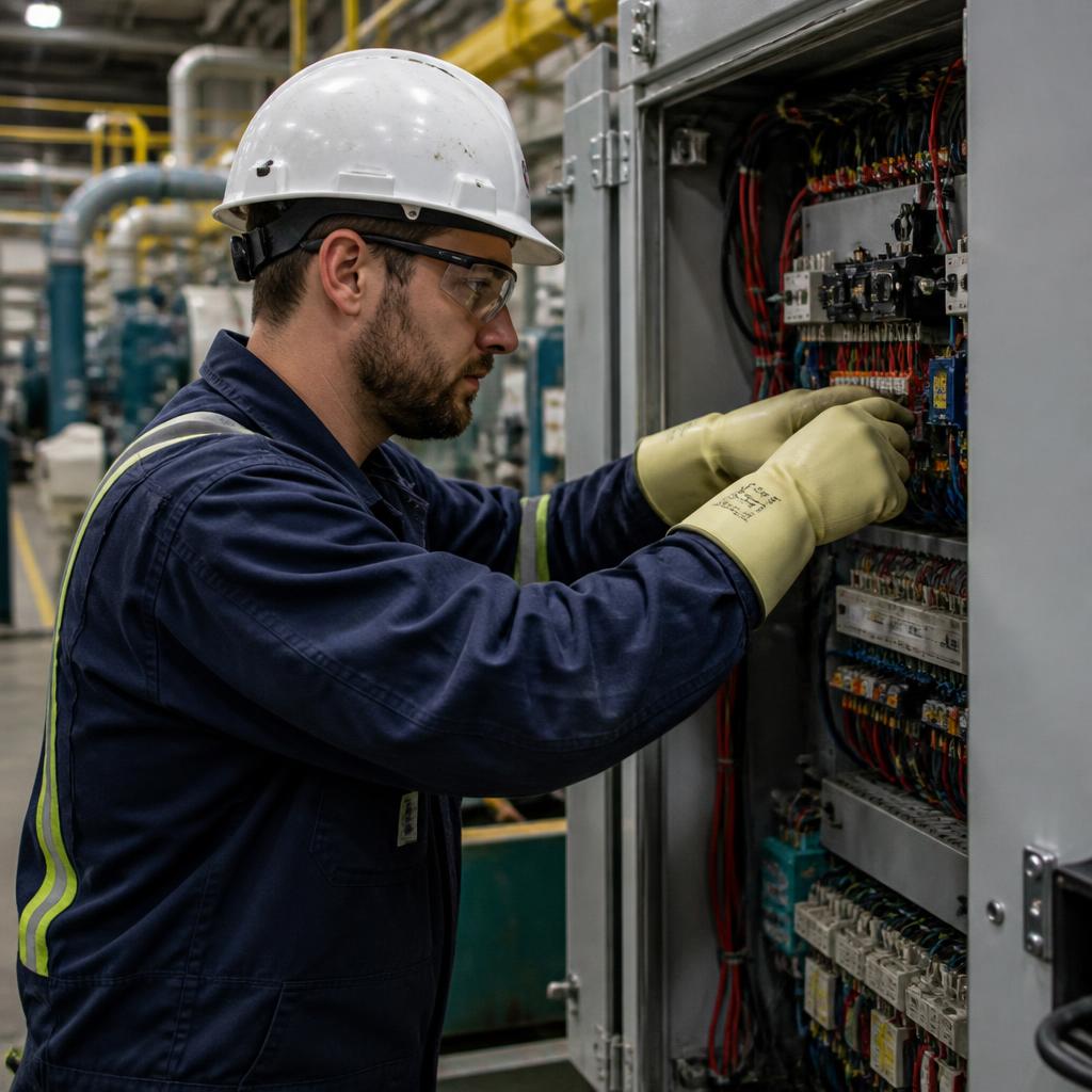 Maintenance technician in a hard hat and safety glasses inspecting an industrial electrical panel with insulated gloves in a manufacturing facility