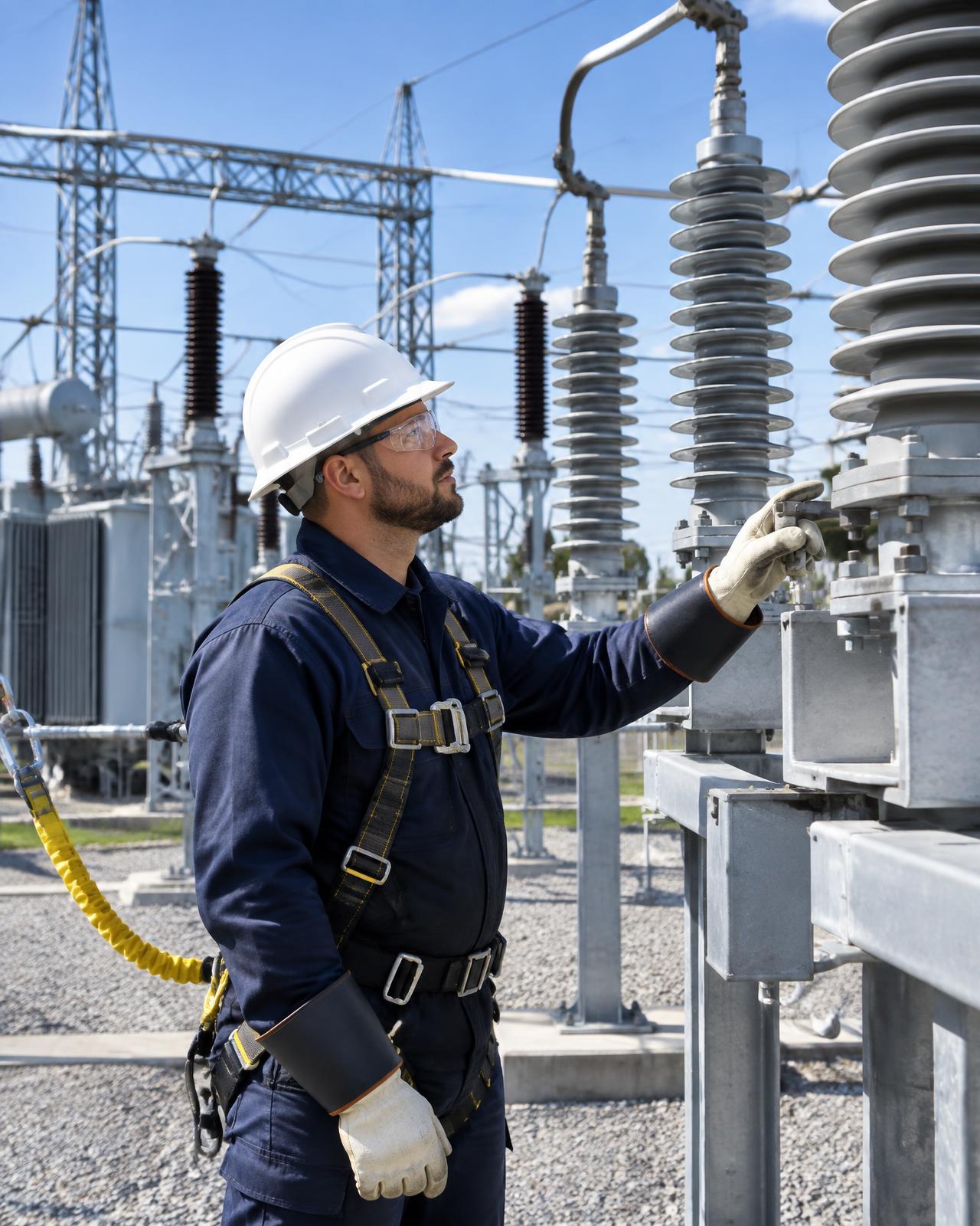 Electrical utility worker inspecting equipment in a high-voltage substation