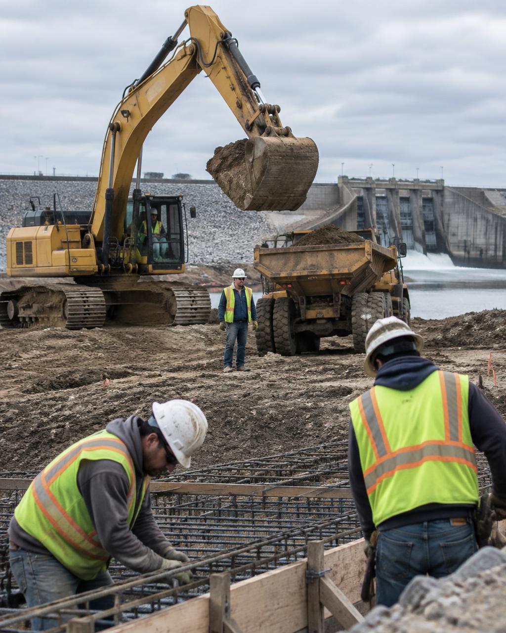 General site personnel in hard hats and hi-vis vests working at a U.S. Army Corps of Engineers construction project with heavy equipment