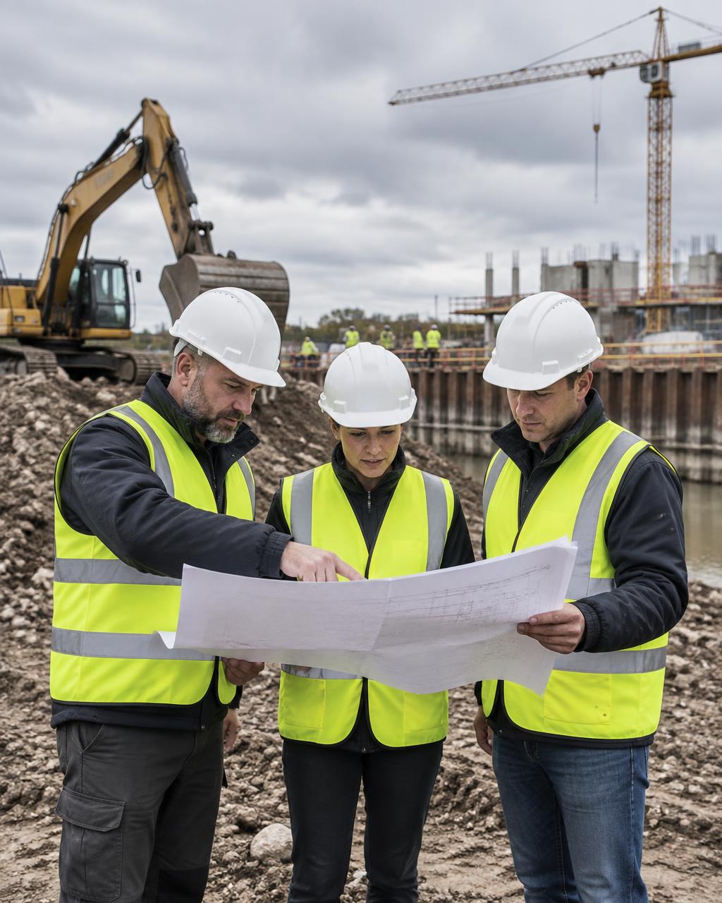 Supervisors and foremen in hard hats and hi-vis vests reviewing plans on a U.S. Army Corps of Engineers construction site