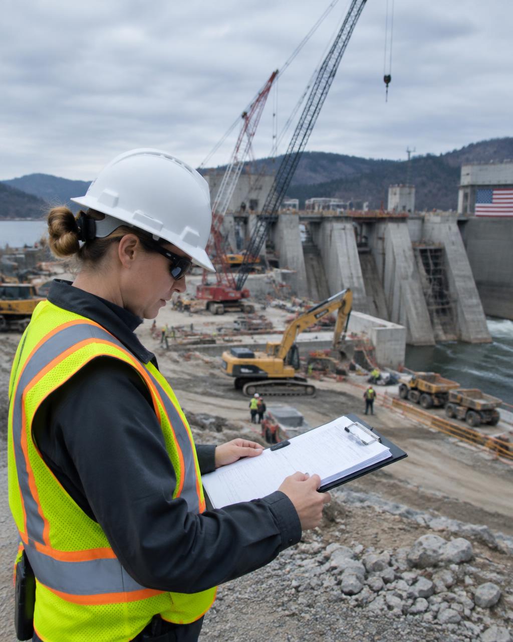 Site safety officer in a white hard hat and hi-vis vest reviewing safety documents at a USACE dam construction project with cranes and heavy equipment