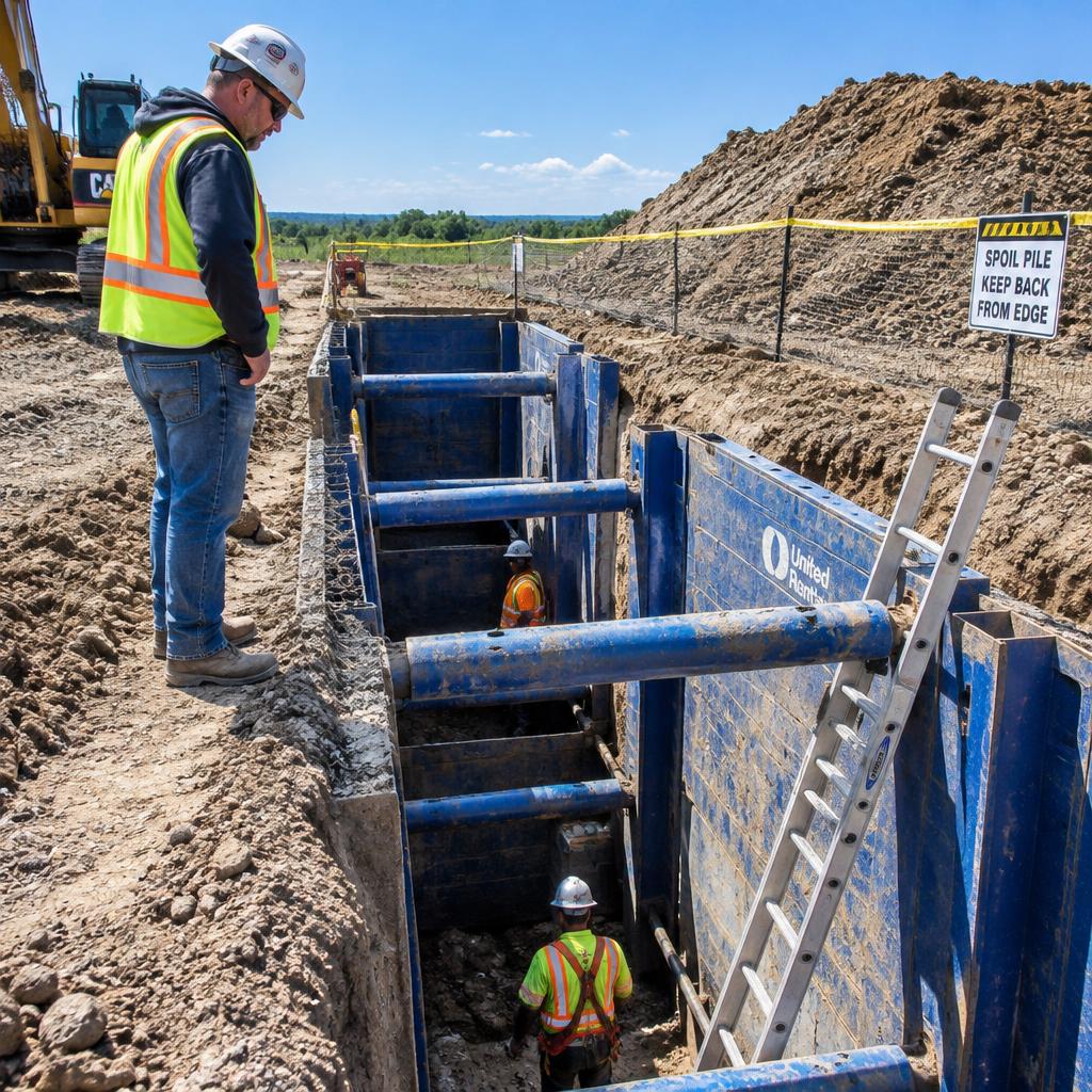 Competent person inspecting shoring and trench boxes at the edge of a deep excavation on a construction site