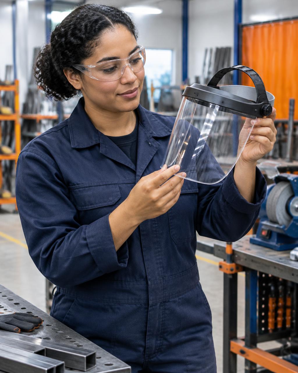 Industrial worker wearing clear safety glasses while inspecting a transparent face shield in a metal fabrication workshop