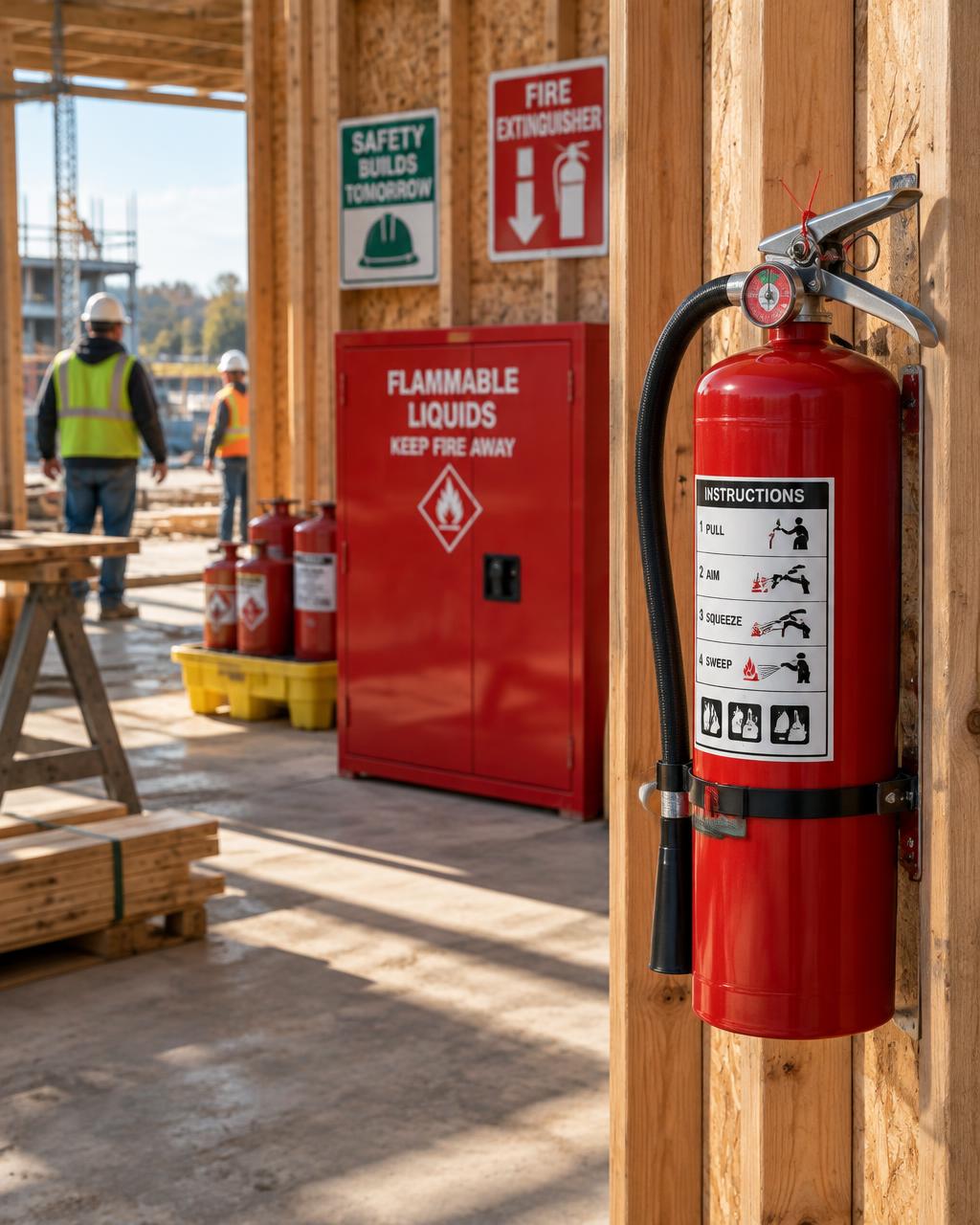 Fire extinguisher and flammable liquids storage cabinet on a wood-frame construction site with workers in the background