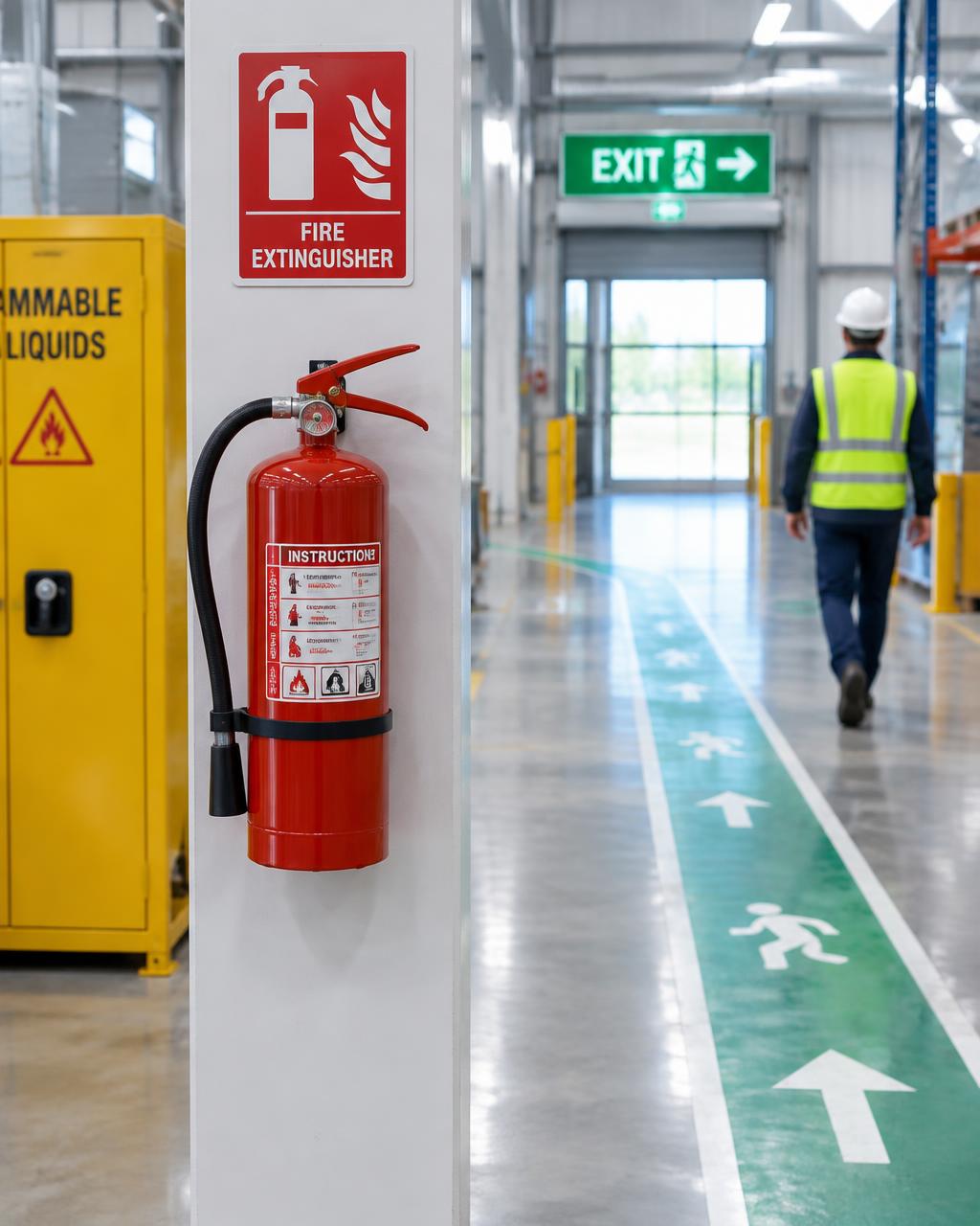 Fire extinguisher station with an illuminated exit sign and marked evacuation aisle in a general industry facility