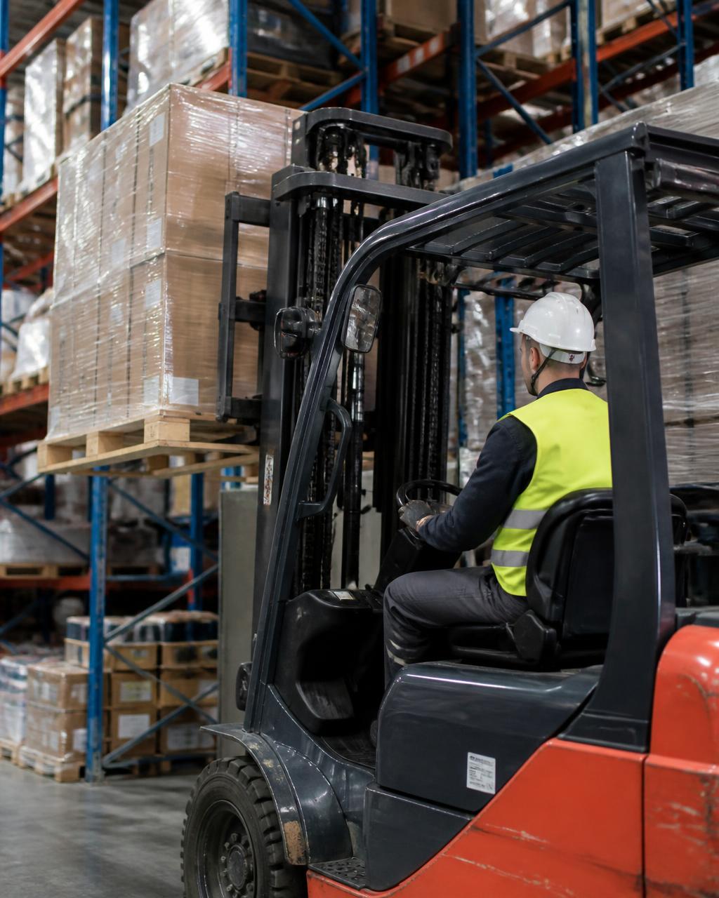 Certified forklift operator in a hard hat and high-visibility vest lifting a loaded pallet in a warehouse during OSHA powered industrial truck training