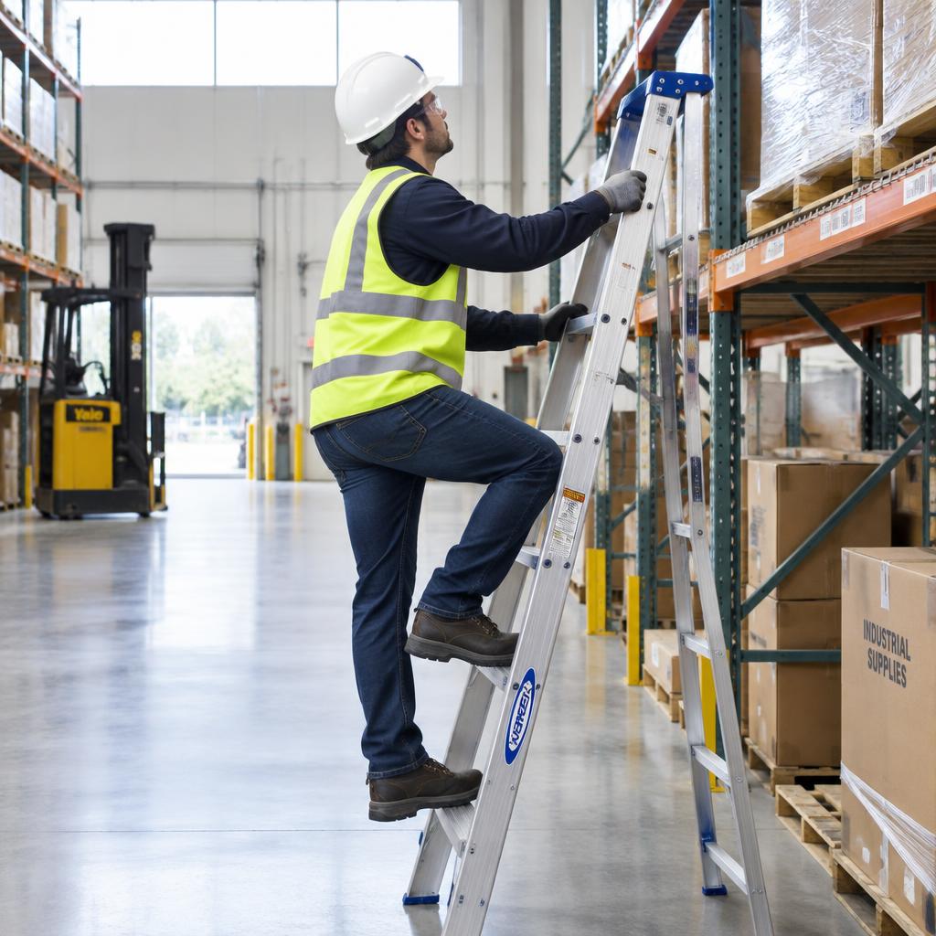 Warehouse worker climbing a stepladder with three points of contact