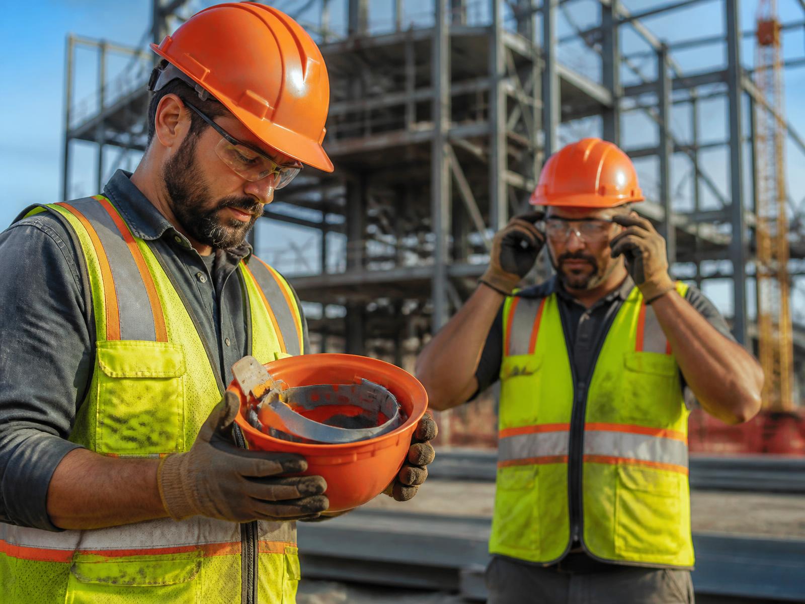 Construction workers wearing hard hats, safety glasses, and high-visibility vests while inspecting personal protective equipment on a jobsite