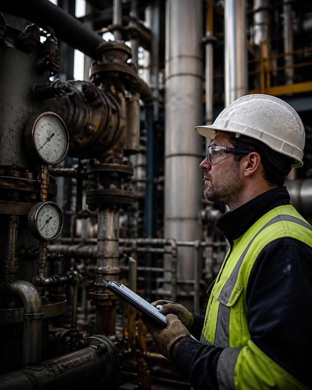 Plant worker in hard hat inspecting process piping, valves, and pressure gauges during OSHA process safety management training
