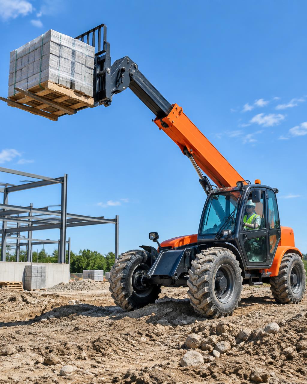 Rough terrain telehandler forklift operating on an outdoor construction job site