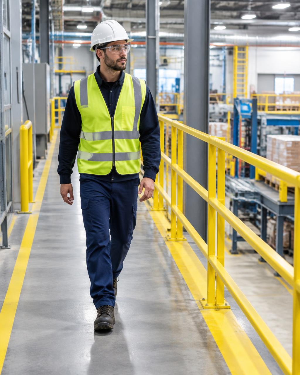 Warehouse worker in hard hat and hi-vis vest walking along a guarded industrial walkway with yellow safety railings